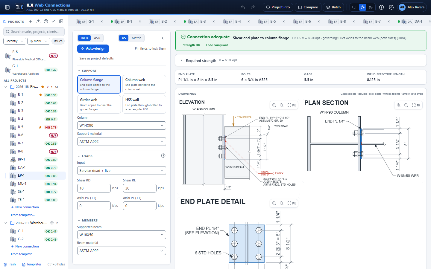 Shear end plate editor: inputs, status, drawings