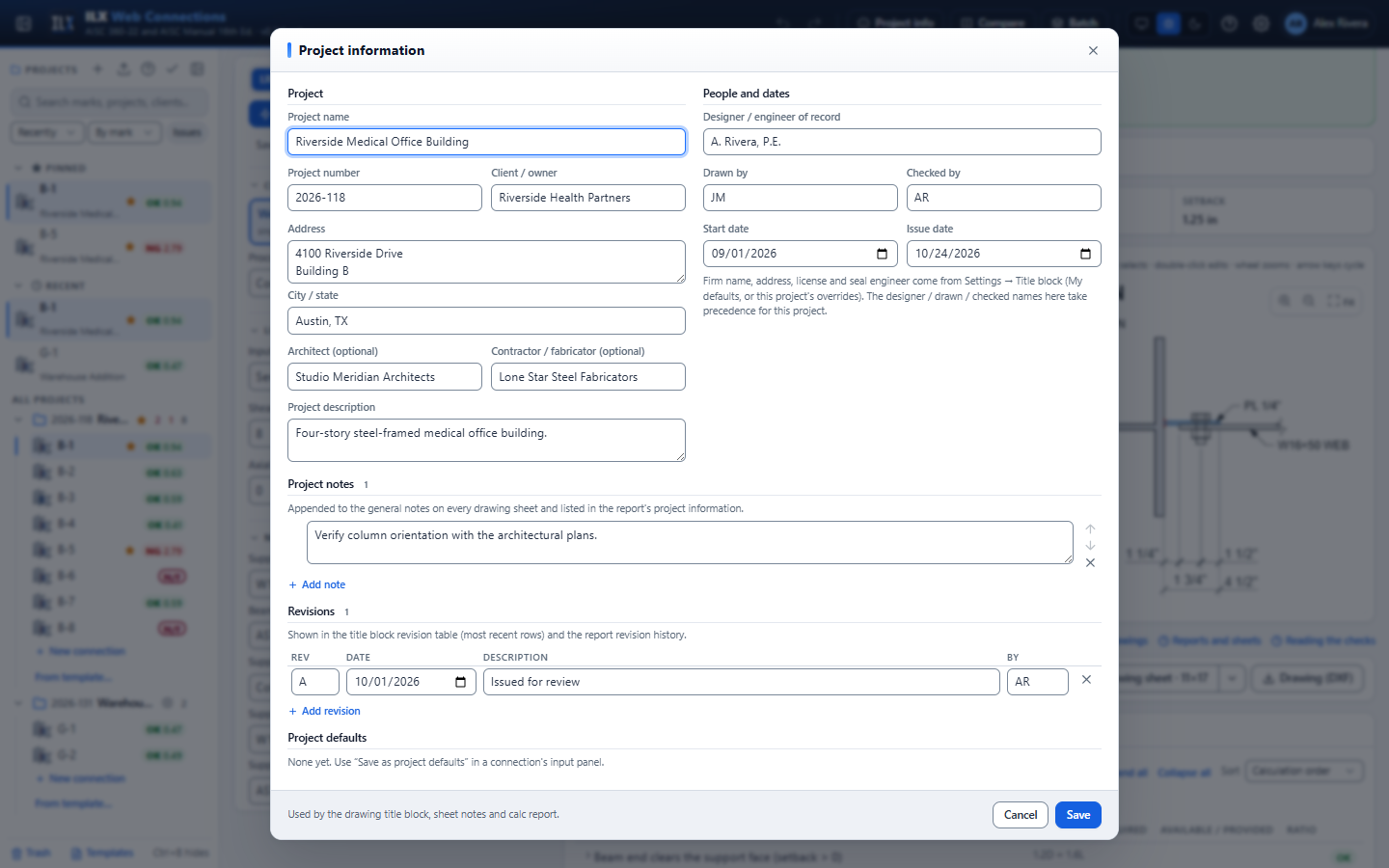 Project information dialog