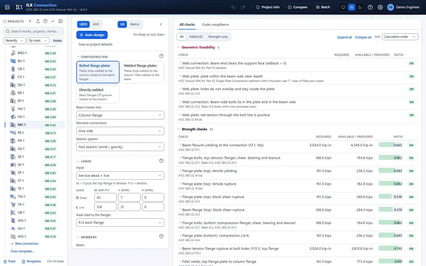 All checks of a moment connection with their ratios, references and the governing check