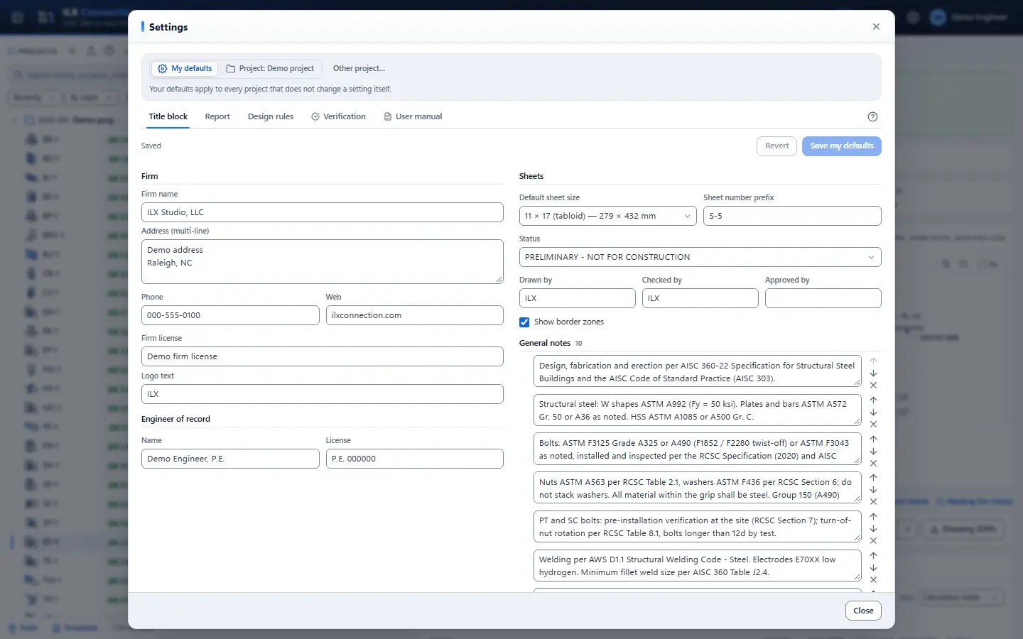 Settings: title block defaults with project overrides