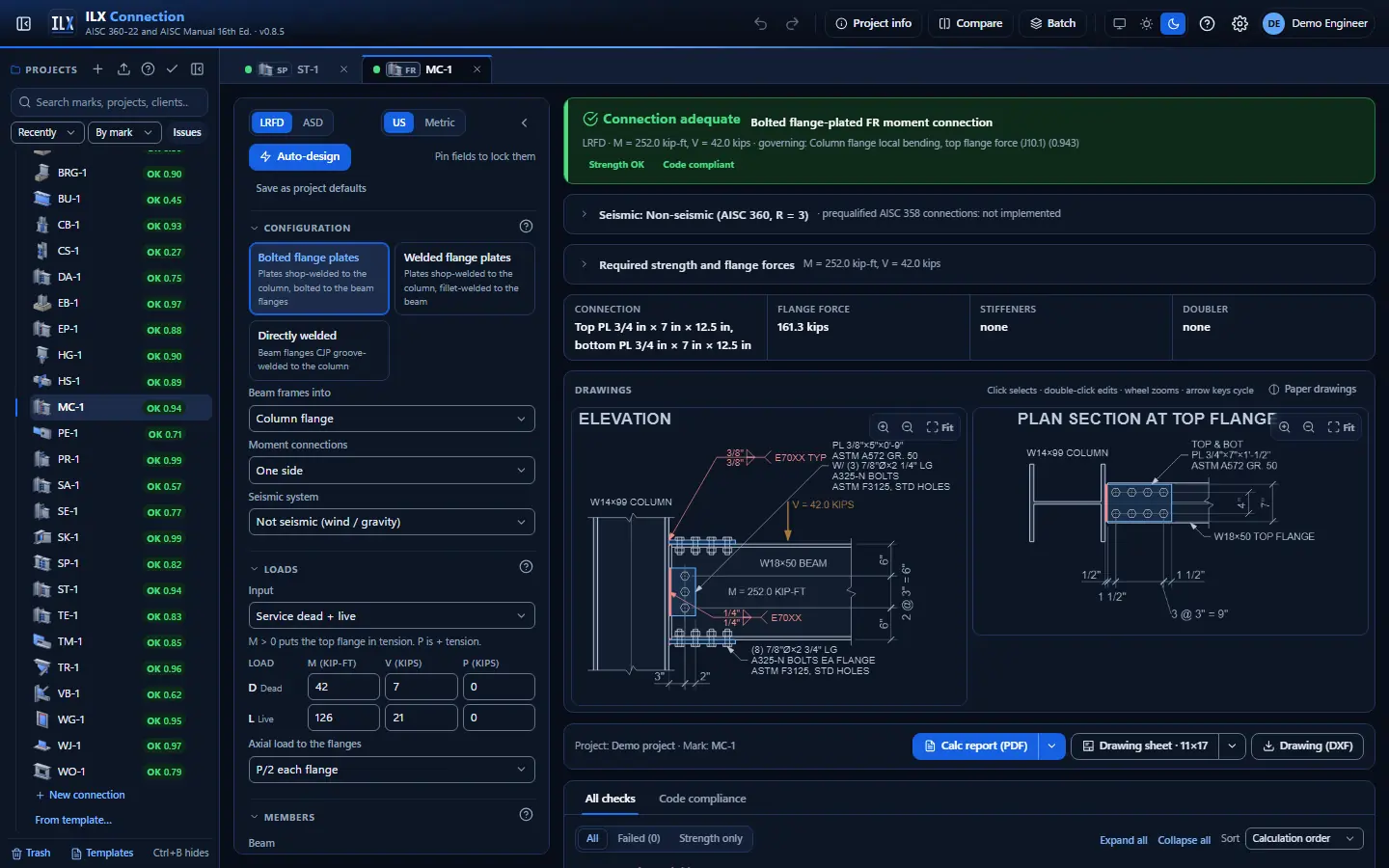The ILX Connection workspace: project panel, inputs, design status and connection drawings, dark theme