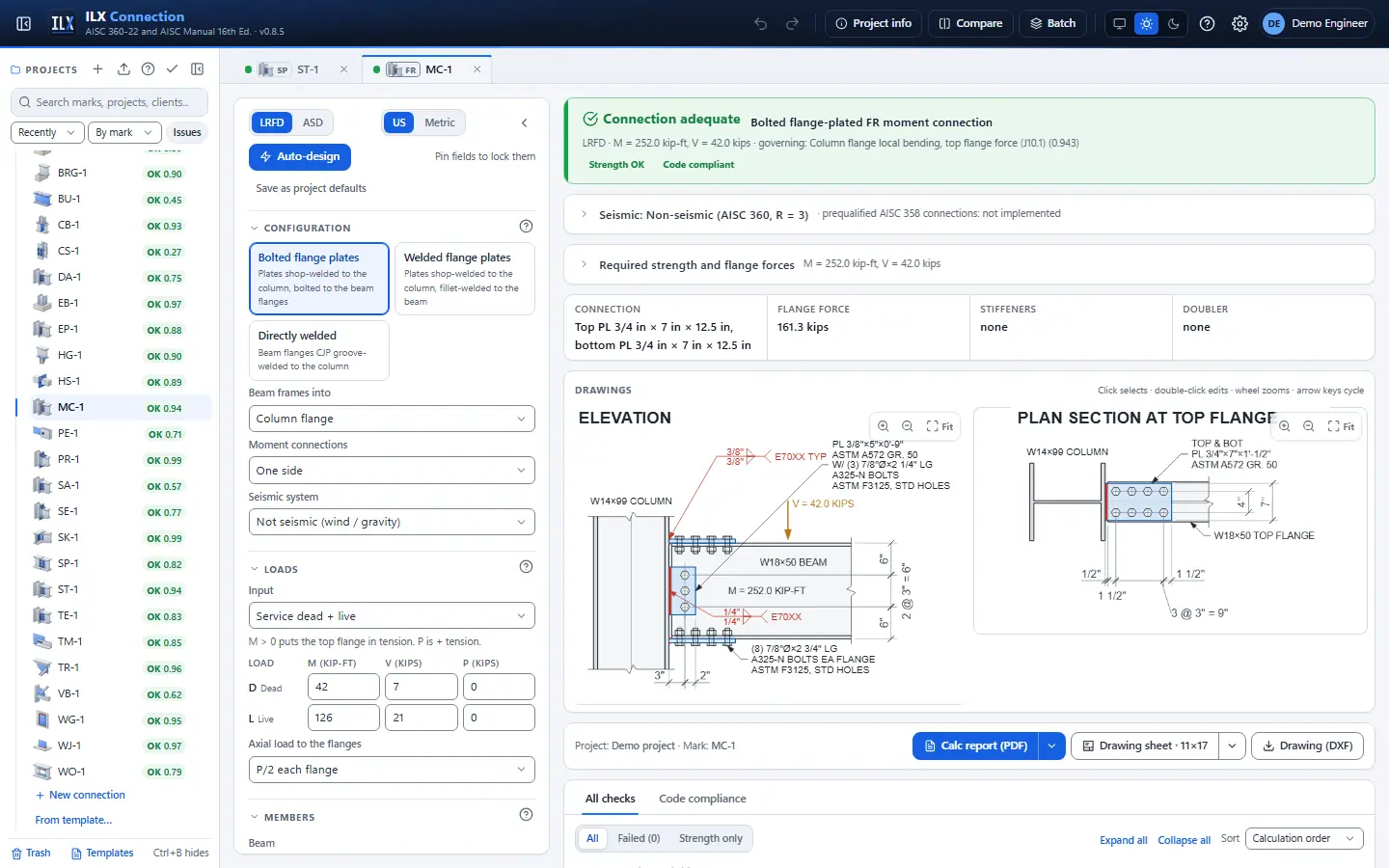The ILX Connection workspace: project panel, inputs, design status and connection drawings