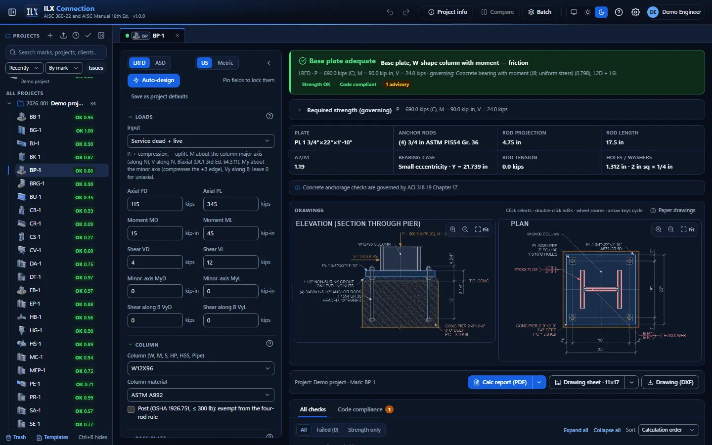 ILX Connection editor for a column base plate connection (BP-1): inputs, design status, live checks and the connection drawing, dark theme