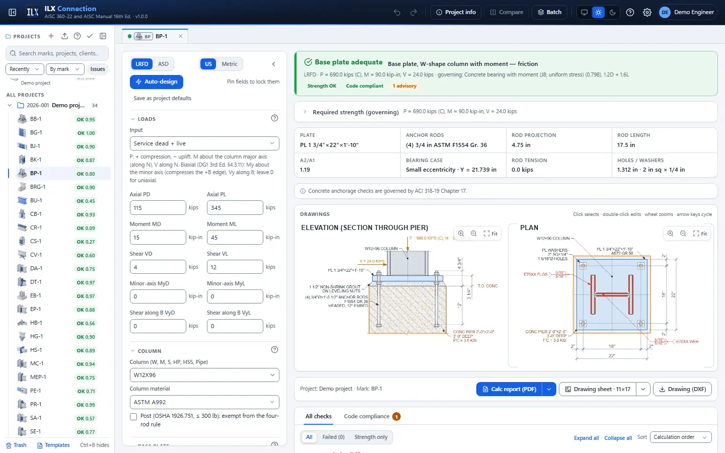 ILX Connection editor for a column base plate connection (BP-1): inputs, design status, live checks and the connection drawing