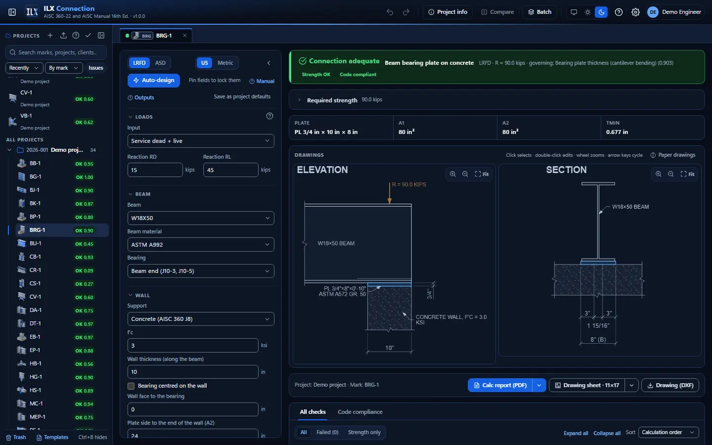 ILX Connection editor for a beam bearing plate connection (BRG-1): inputs, design status, live checks and the connection drawing, dark theme