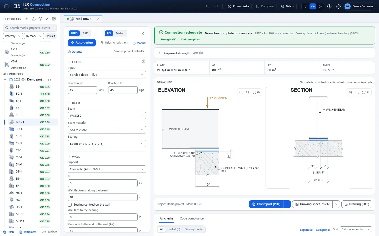 ILX Connection editor for a beam bearing plate connection (BRG-1): inputs, design status, live checks and the connection drawing