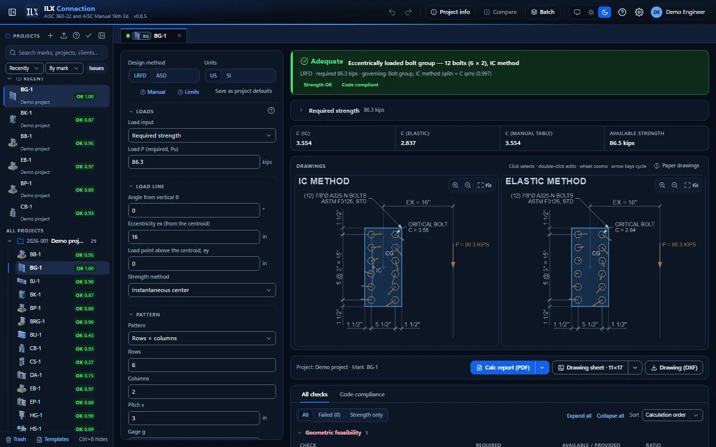 ILX Connection editor for a bolt group connection (BG-1): inputs, design status, live checks and the connection drawing, dark theme