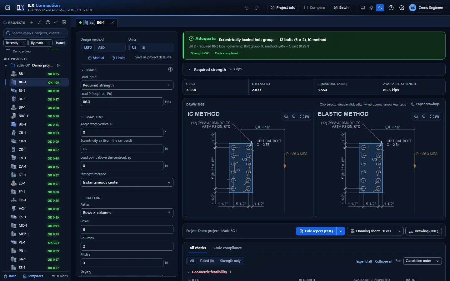 ILX Connection editor for a bolt group connection (BG-1): inputs, design status, live checks and the connection drawing, dark theme