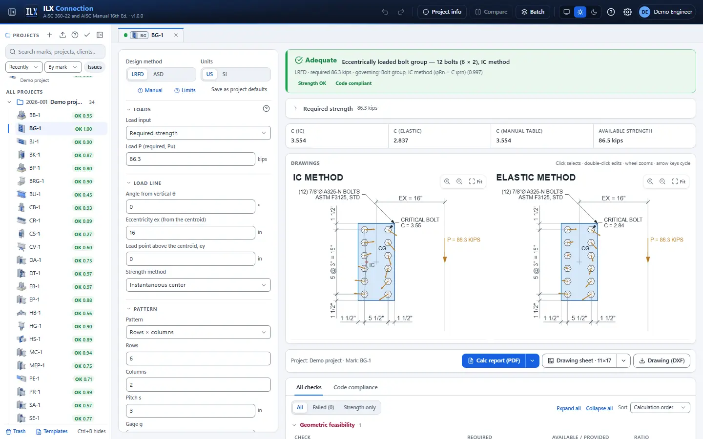 ILX Connection editor for a bolt group connection (BG-1): inputs, design status, live checks and the connection drawing