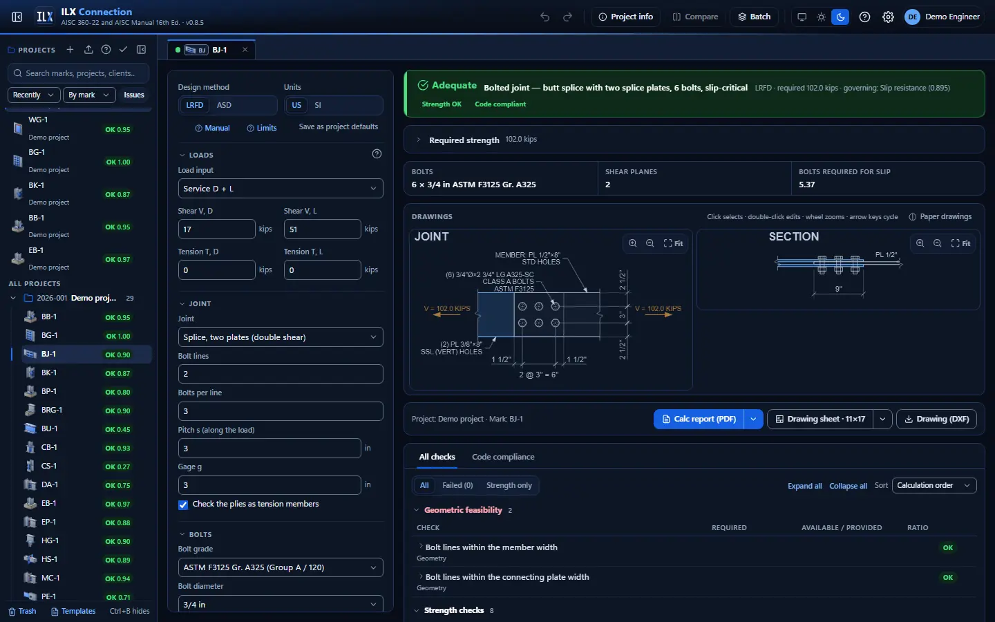 ILX Connection editor for a bolted joint connection (BJ-1): inputs, design status, live checks and the connection drawing, dark theme