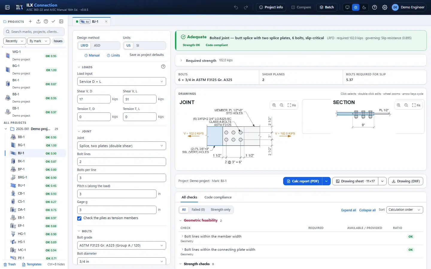 ILX Connection editor for a bolted joint connection (BJ-1): inputs, design status, live checks and the connection drawing
