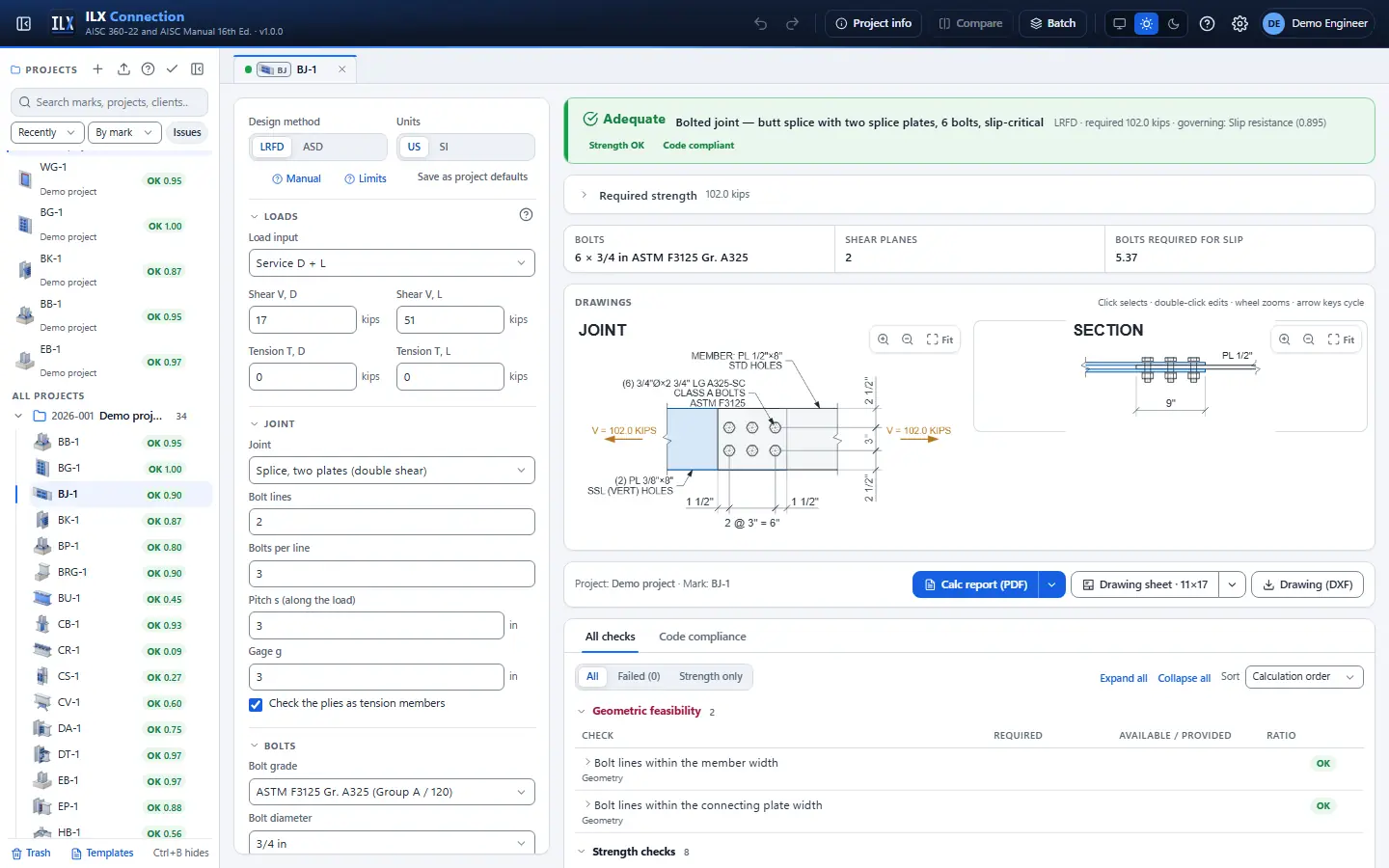 ILX Connection editor for a bolted joint connection (BJ-1): inputs, design status, live checks and the connection drawing