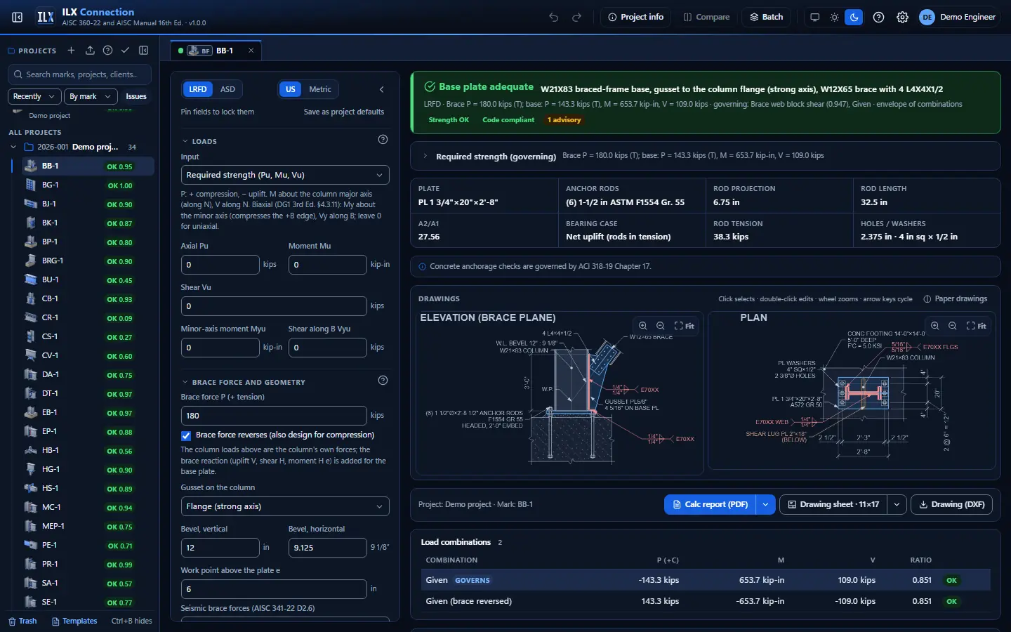 ILX Connection editor for a braced-frame column base connection (BB-1): inputs, design status, live checks and the connection drawing, dark theme