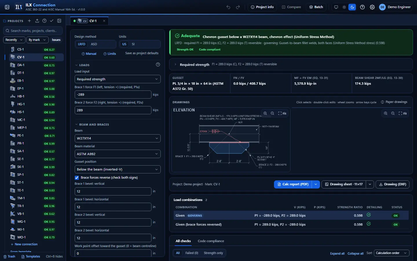 ILX Connection editor for a chevron bracing gusset (chevron effect) connection (CV-1): inputs, design status, live checks and the connection drawing, dark theme