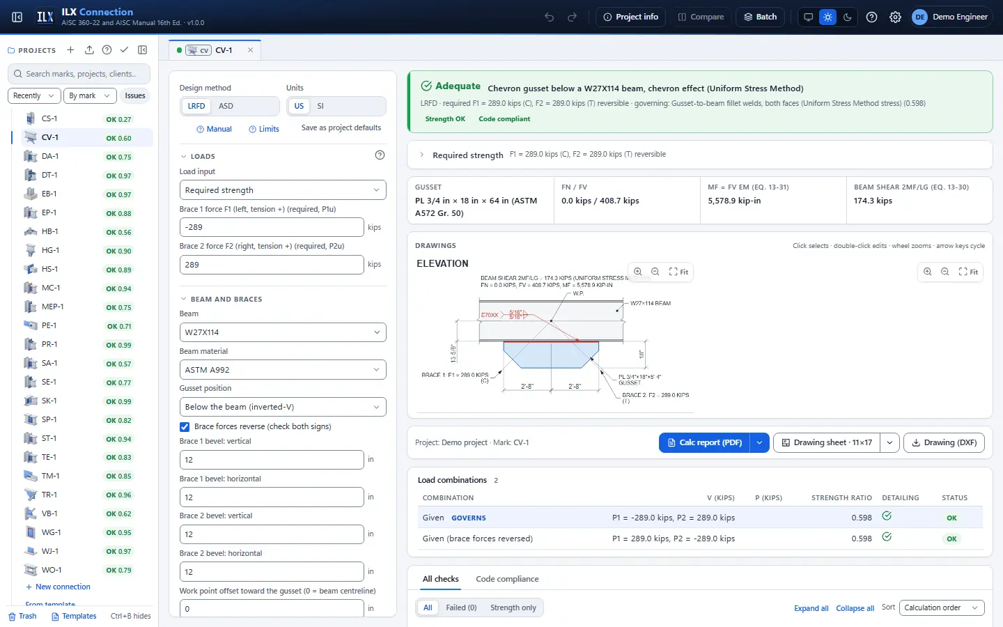 ILX Connection editor for a chevron bracing gusset (chevron effect) connection (CV-1): inputs, design status, live checks and the connection drawing
