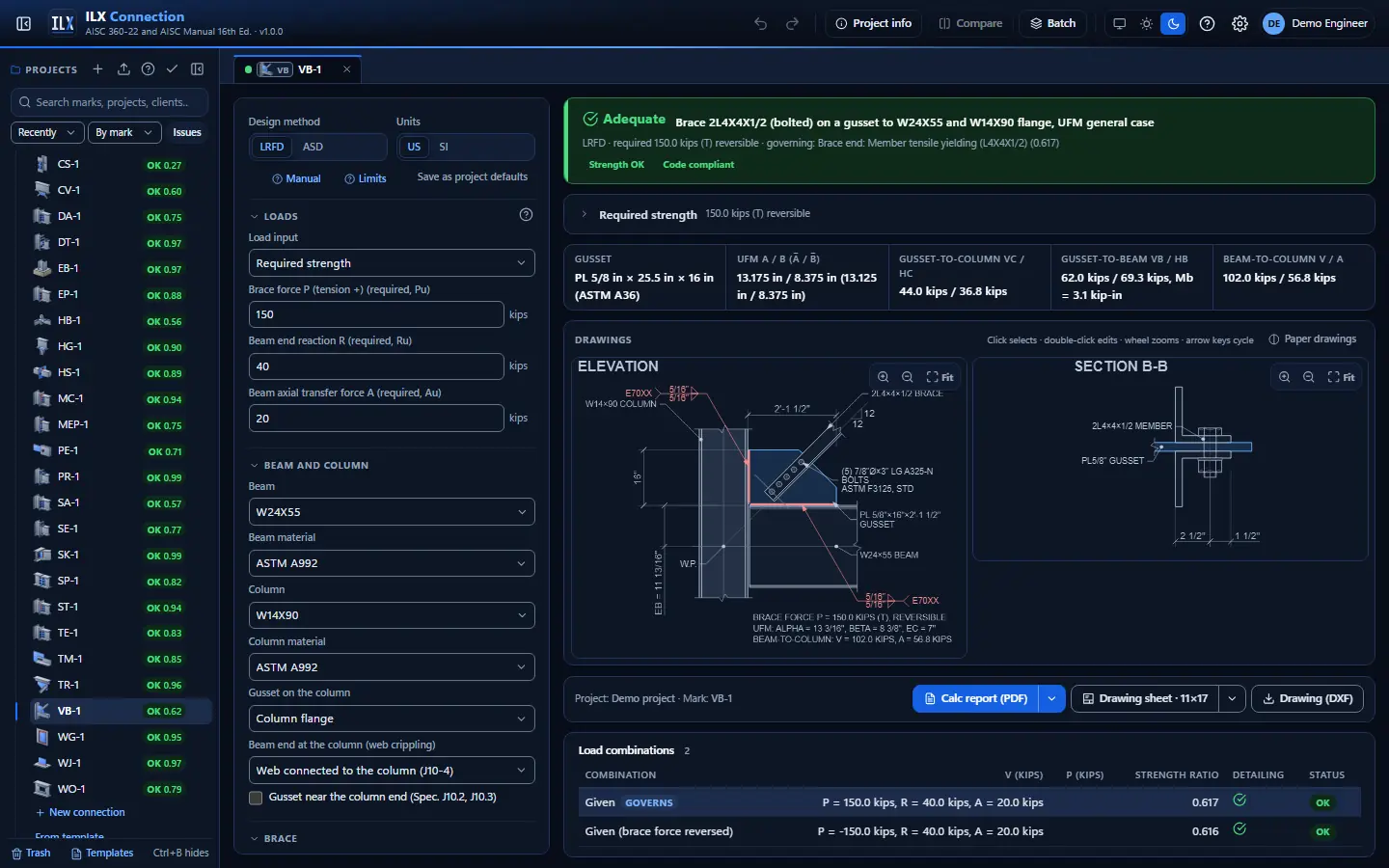 ILX Connection editor for a vertical bracing gusset (ufm) connection (VB-1): inputs, design status, live checks and the connection drawing, dark theme