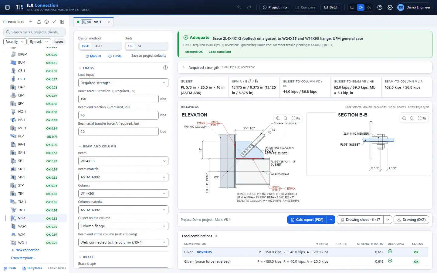 ILX Connection editor for a vertical bracing gusset (ufm) connection (VB-1): inputs, design status, live checks and the connection drawing