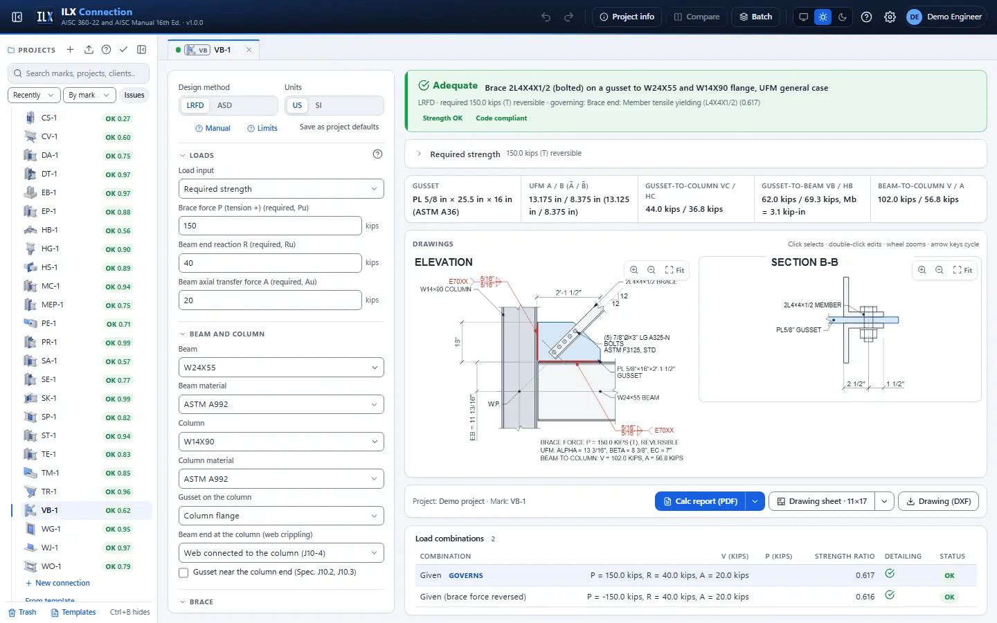 ILX Connection editor for a vertical bracing gusset (ufm) connection (VB-1): inputs, design status, live checks and the connection drawing