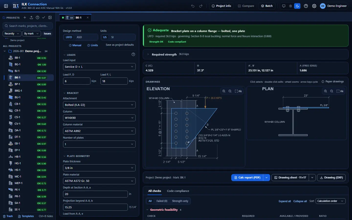 ILX Connection editor for a bracket plate connection (BK-1): inputs, design status, live checks and the connection drawing, dark theme