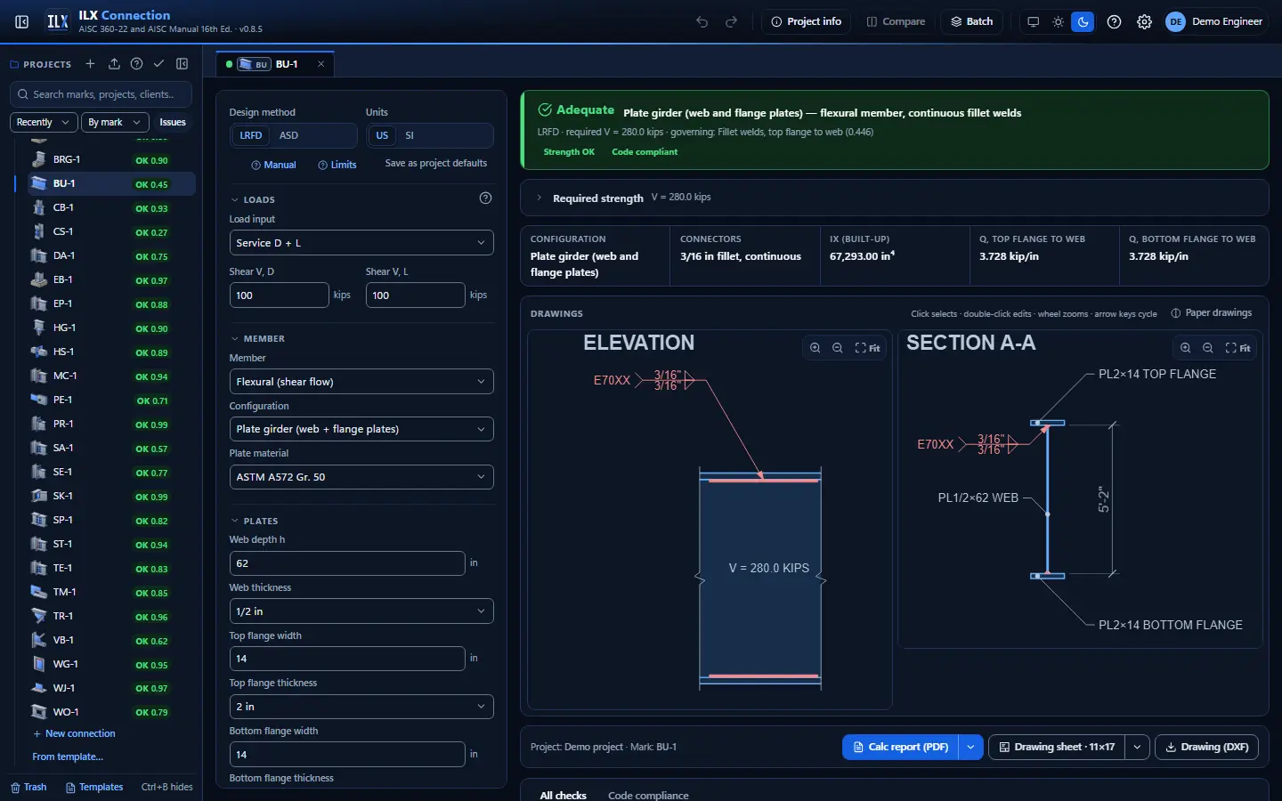 ILX Connection editor for a built-up member connectors connection (BU-1): inputs, design status, live checks and the connection drawing, dark theme