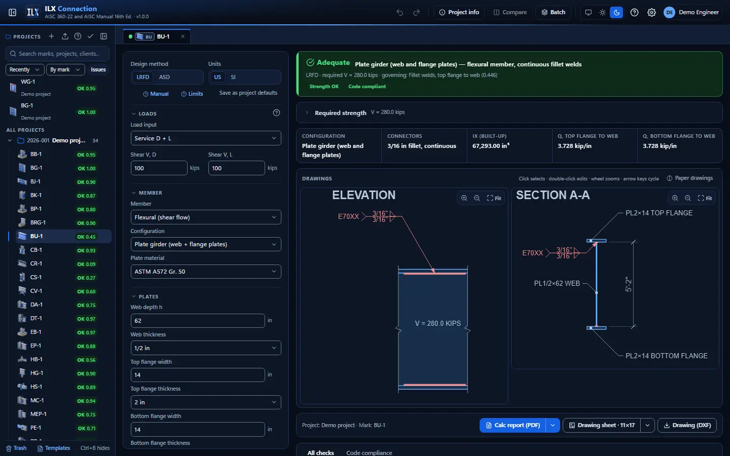 ILX Connection editor for a built-up member connectors connection (BU-1): inputs, design status, live checks and the connection drawing, dark theme