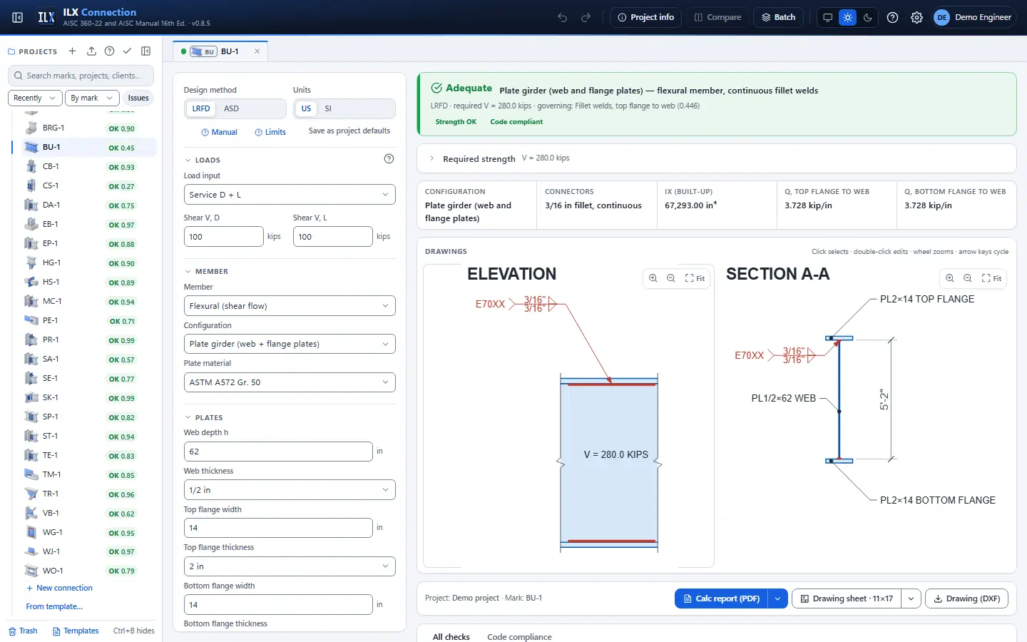 ILX Connection editor for a built-up member connectors connection (BU-1): inputs, design status, live checks and the connection drawing