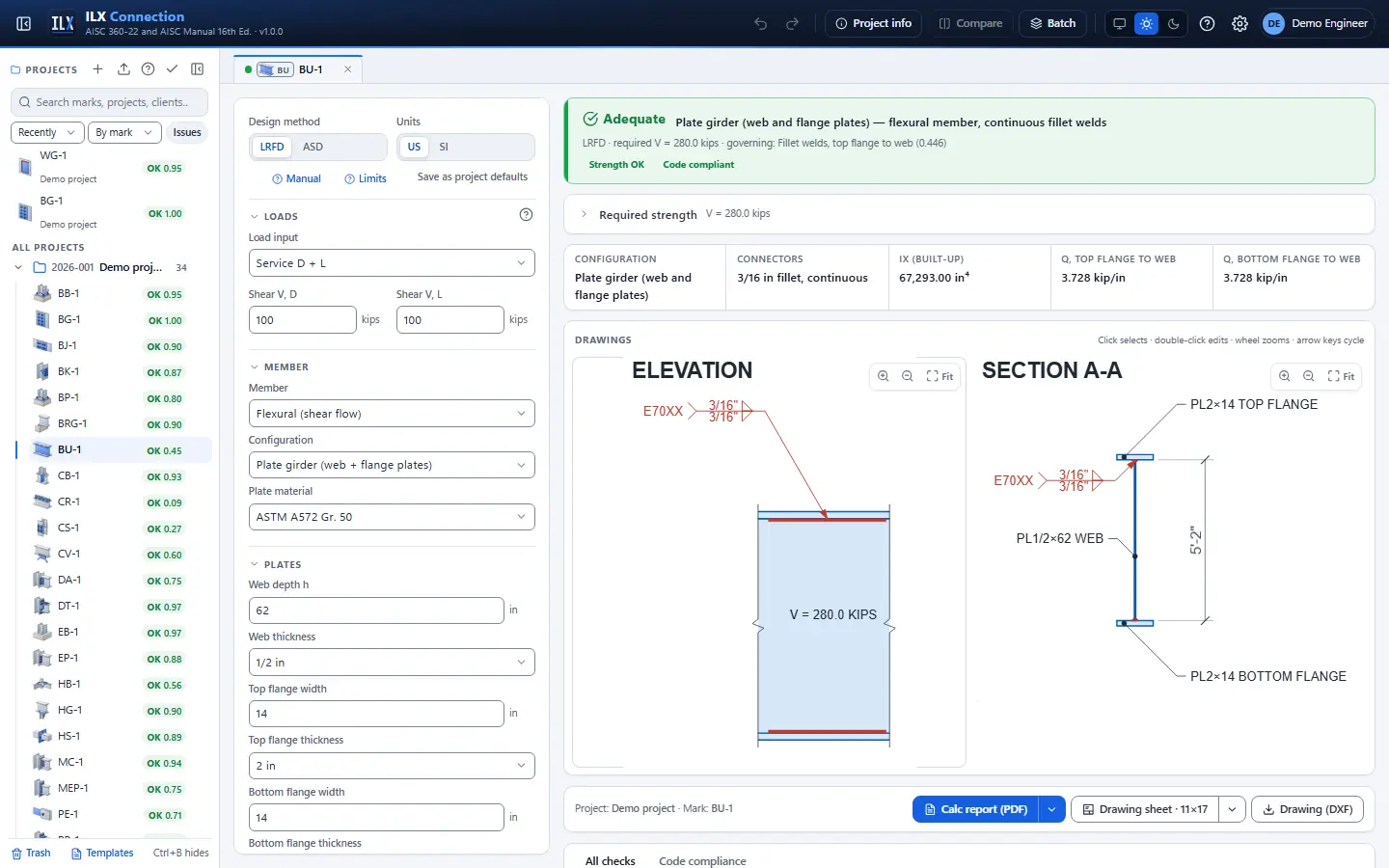 ILX Connection editor for a built-up member connectors connection (BU-1): inputs, design status, live checks and the connection drawing