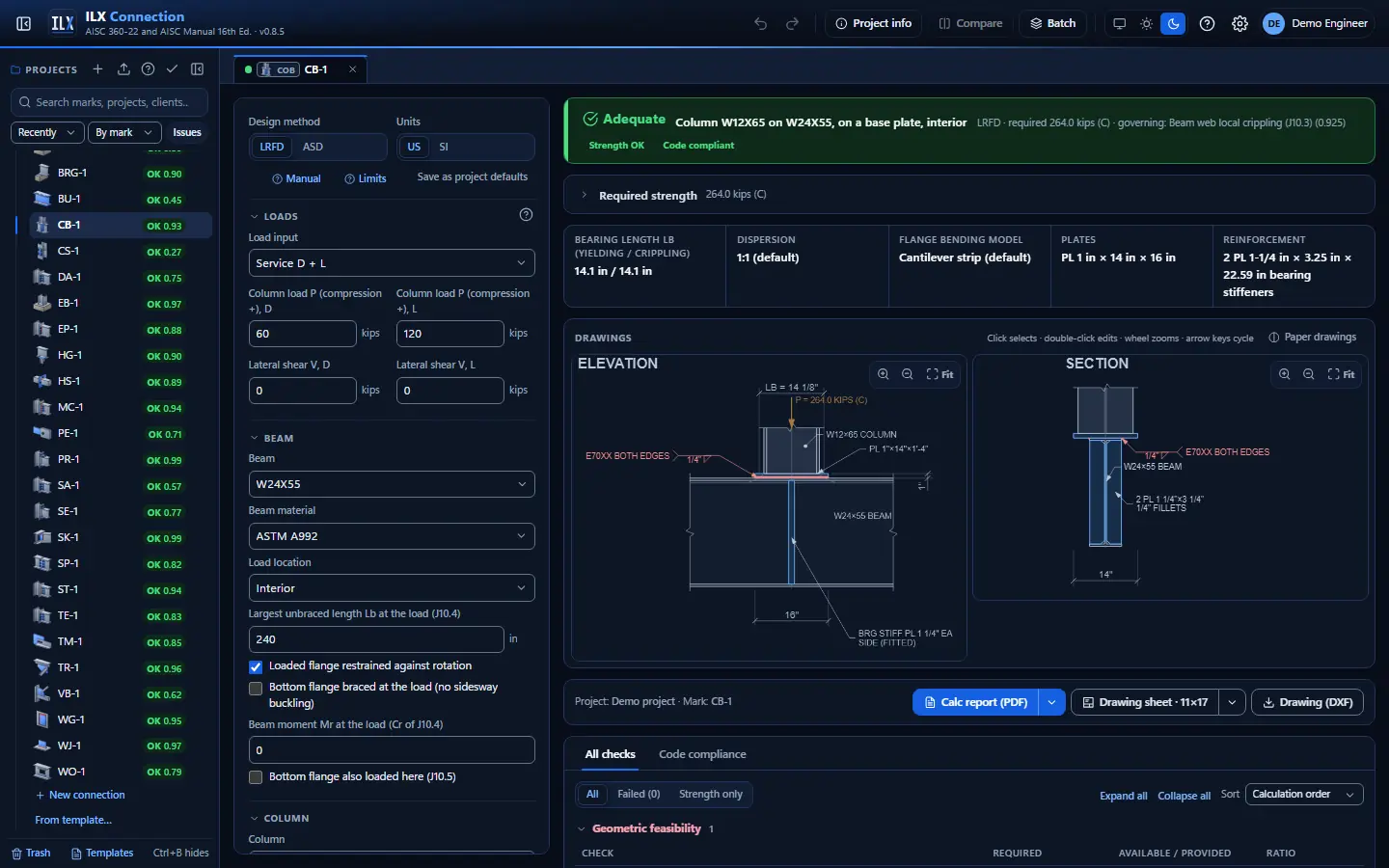 ILX Connection editor for a column bearing on beam connection (CB-1): inputs, design status, live checks and the connection drawing, dark theme