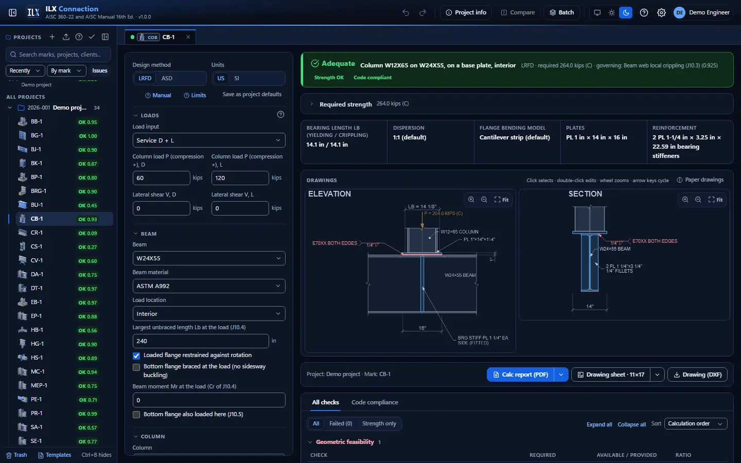 ILX Connection editor for a column bearing on beam connection (CB-1): inputs, design status, live checks and the connection drawing, dark theme