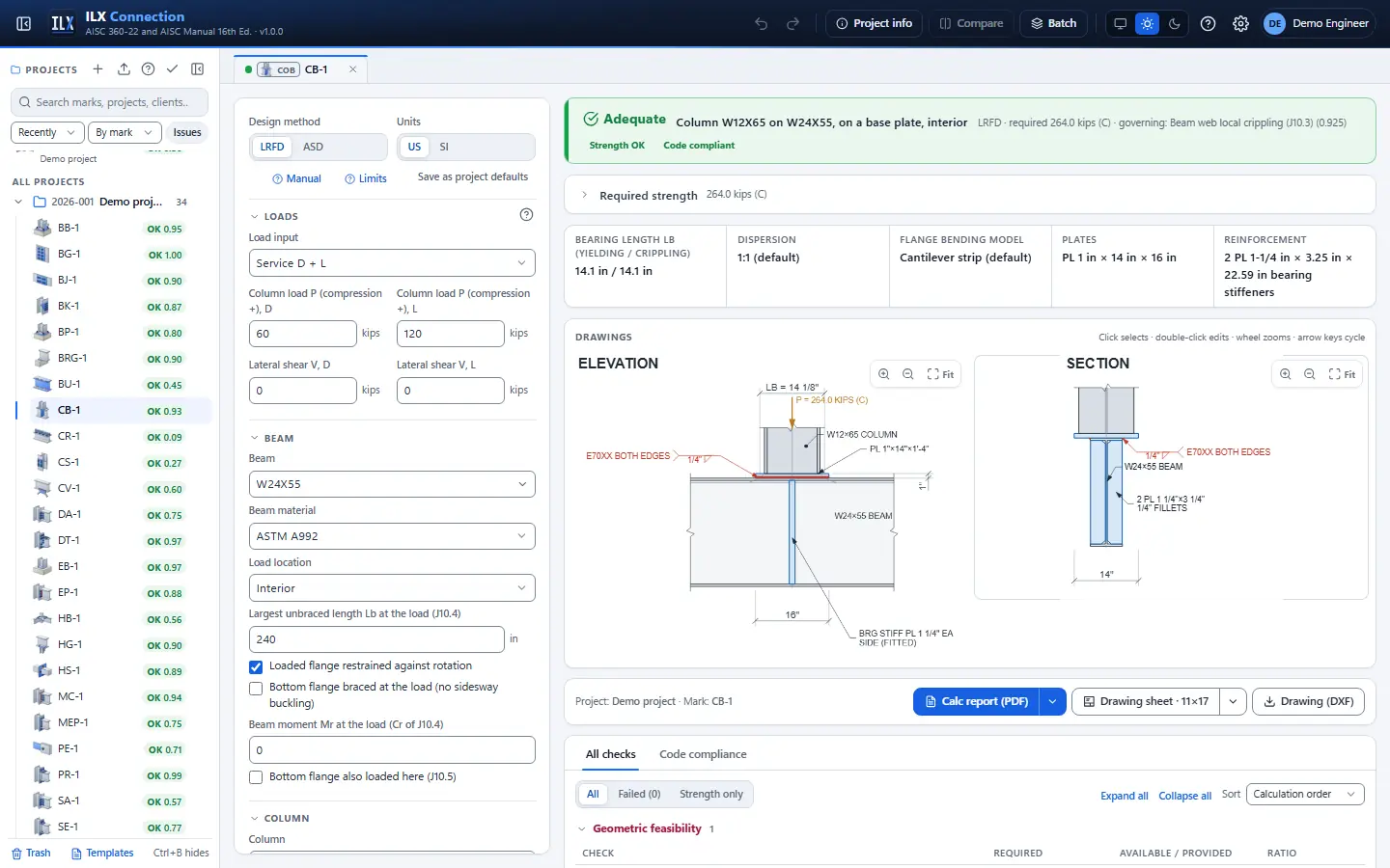 ILX Connection editor for a column bearing on beam connection (CB-1): inputs, design status, live checks and the connection drawing