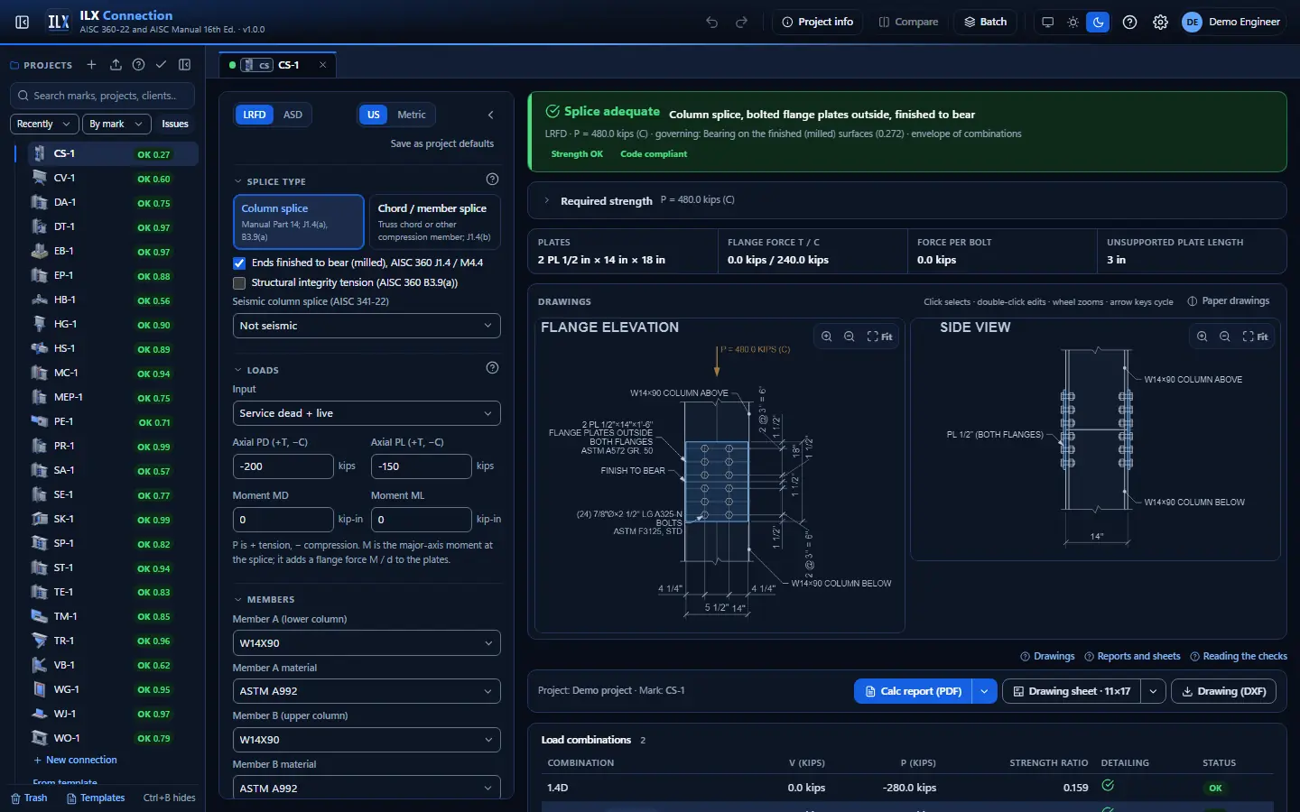 ILX Connection editor for a wide-flange compression splice connection (CS-1): inputs, design status, live checks and the connection drawing, dark theme