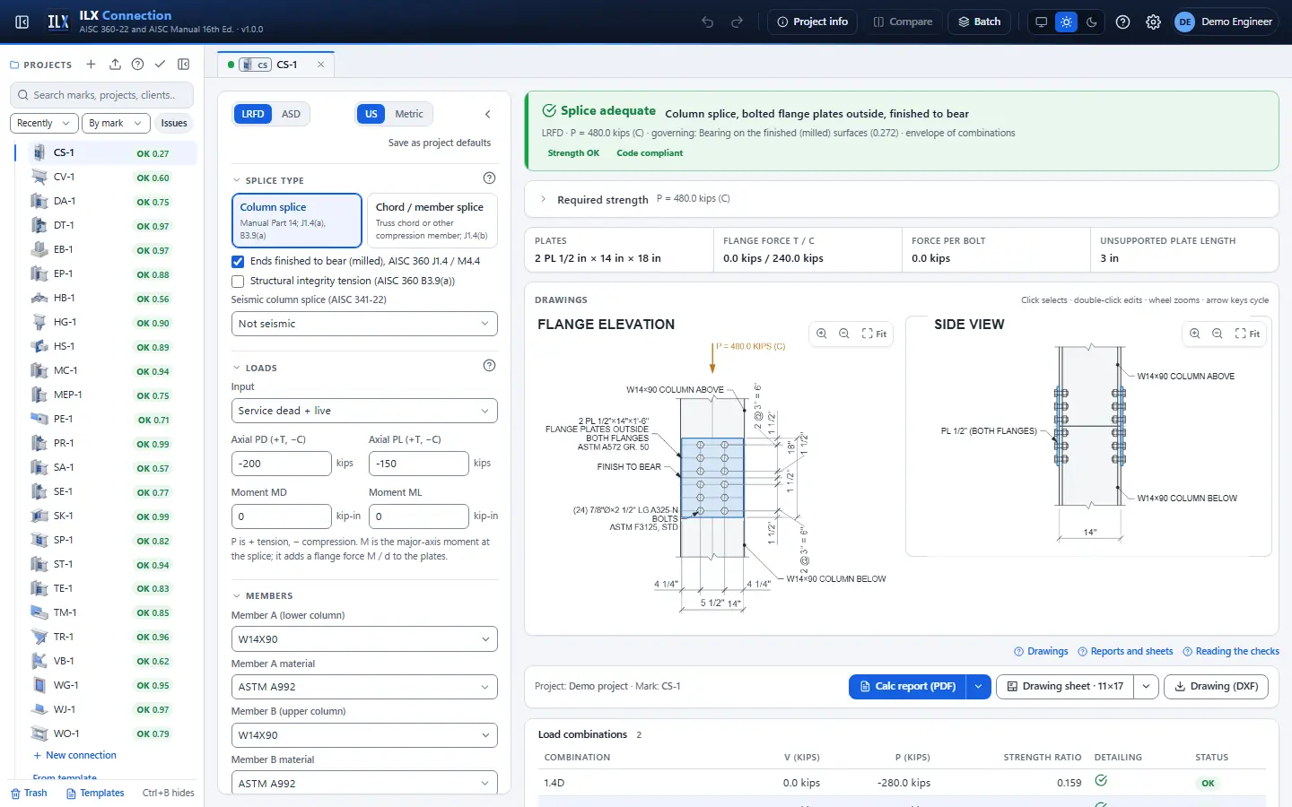 ILX Connection editor for a wide-flange compression splice connection (CS-1): inputs, design status, live checks and the connection drawing