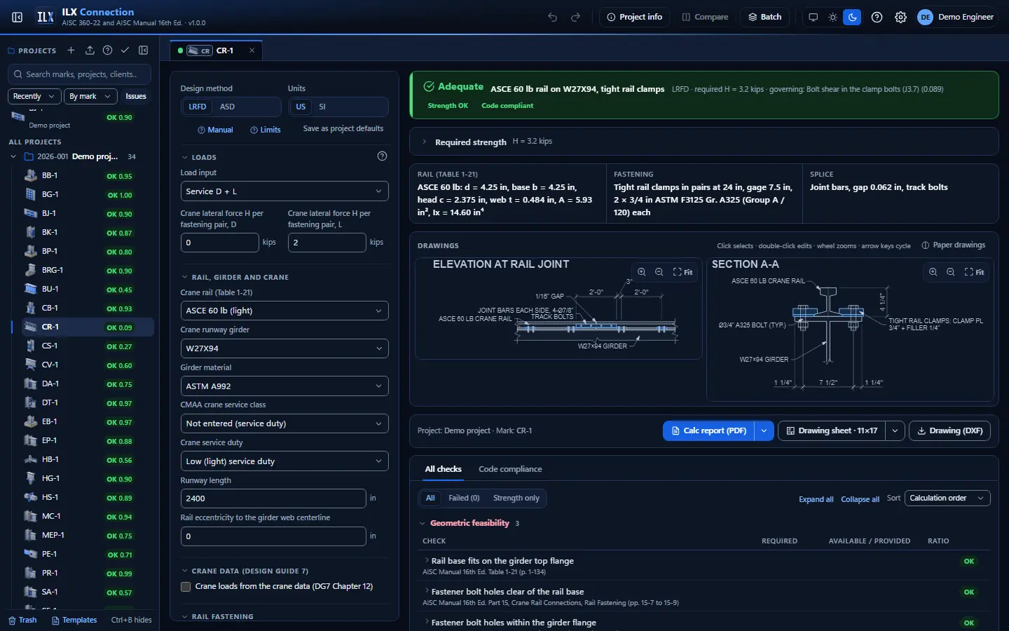 ILX Connection editor for a crane-rail connection connection (CR-1): inputs, design status, live checks and the connection drawing, dark theme