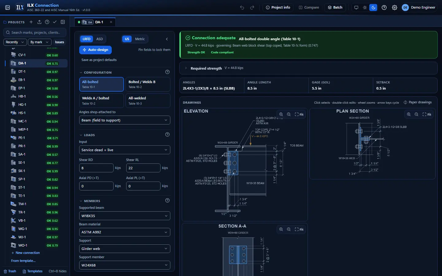 ILX Connection editor for a double-angle shear connection connection (DA-1): inputs, design status, live checks and the connection drawing, dark theme