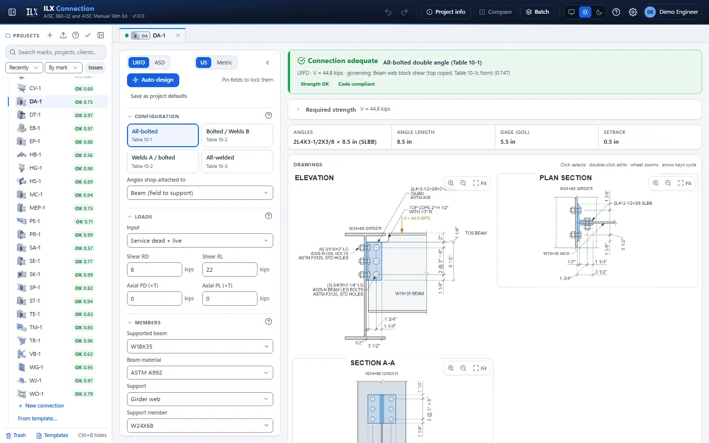 ILX Connection editor for a double-angle shear connection connection (DA-1): inputs, design status, live checks and the connection drawing