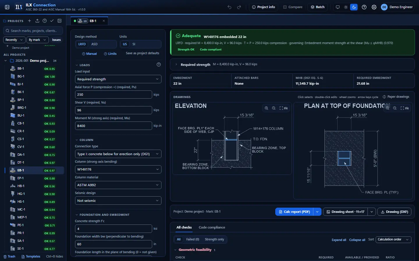 ILX Connection editor for a embedded column base connection (EB-1): inputs, design status, live checks and the connection drawing, dark theme
