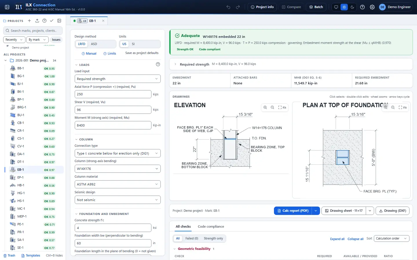 ILX Connection editor for a embedded column base connection (EB-1): inputs, design status, live checks and the connection drawing