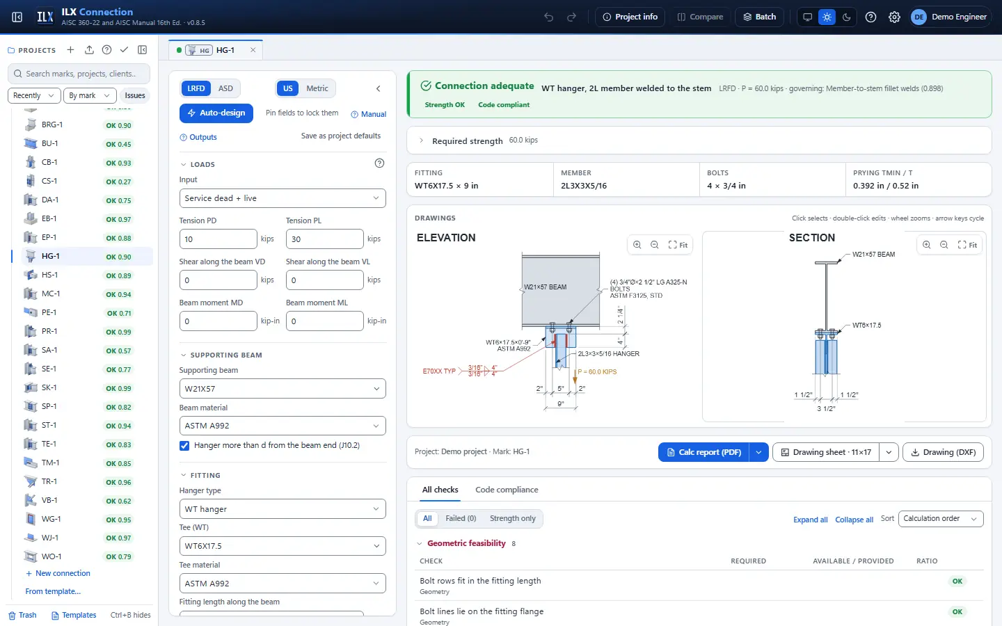 ILX Connection editor for a hanger connection connection (HG-1): inputs, design status, live checks and the connection drawing