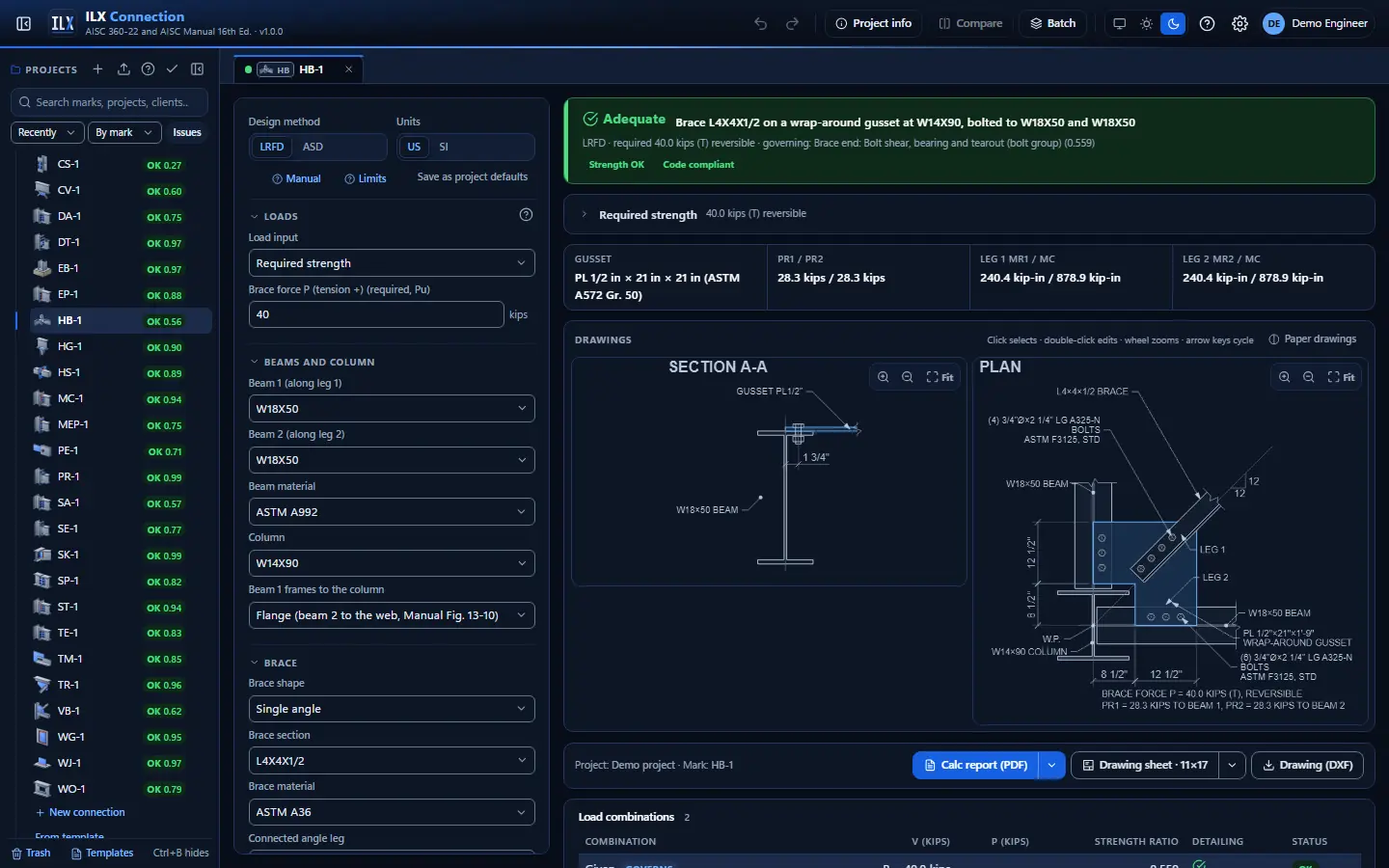 ILX Connection editor for a horizontal bracing wrap-around gusset connection (HB-1): inputs, design status, live checks and the connection drawing, dark theme