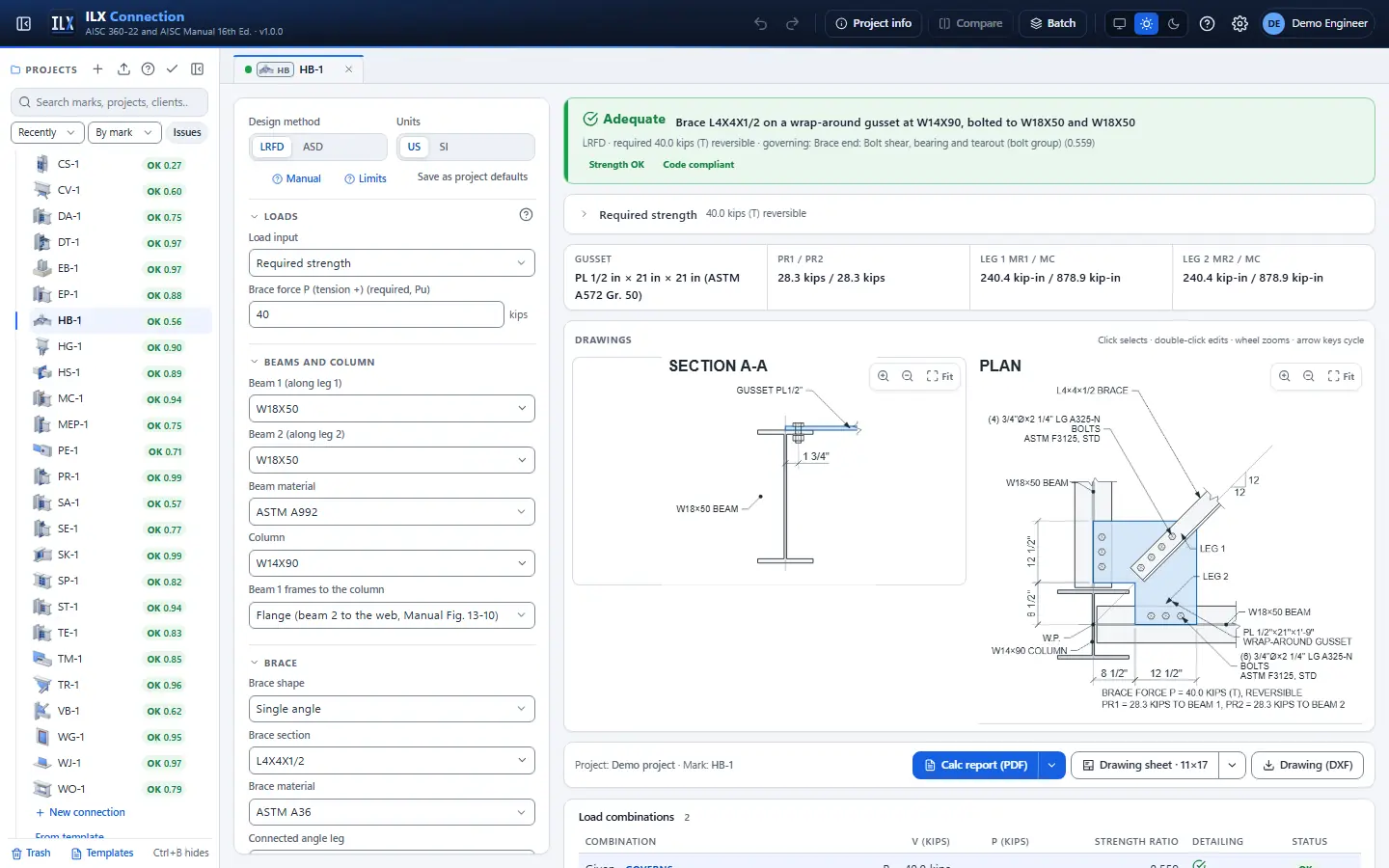 ILX Connection editor for a horizontal bracing wrap-around gusset connection (HB-1): inputs, design status, live checks and the connection drawing