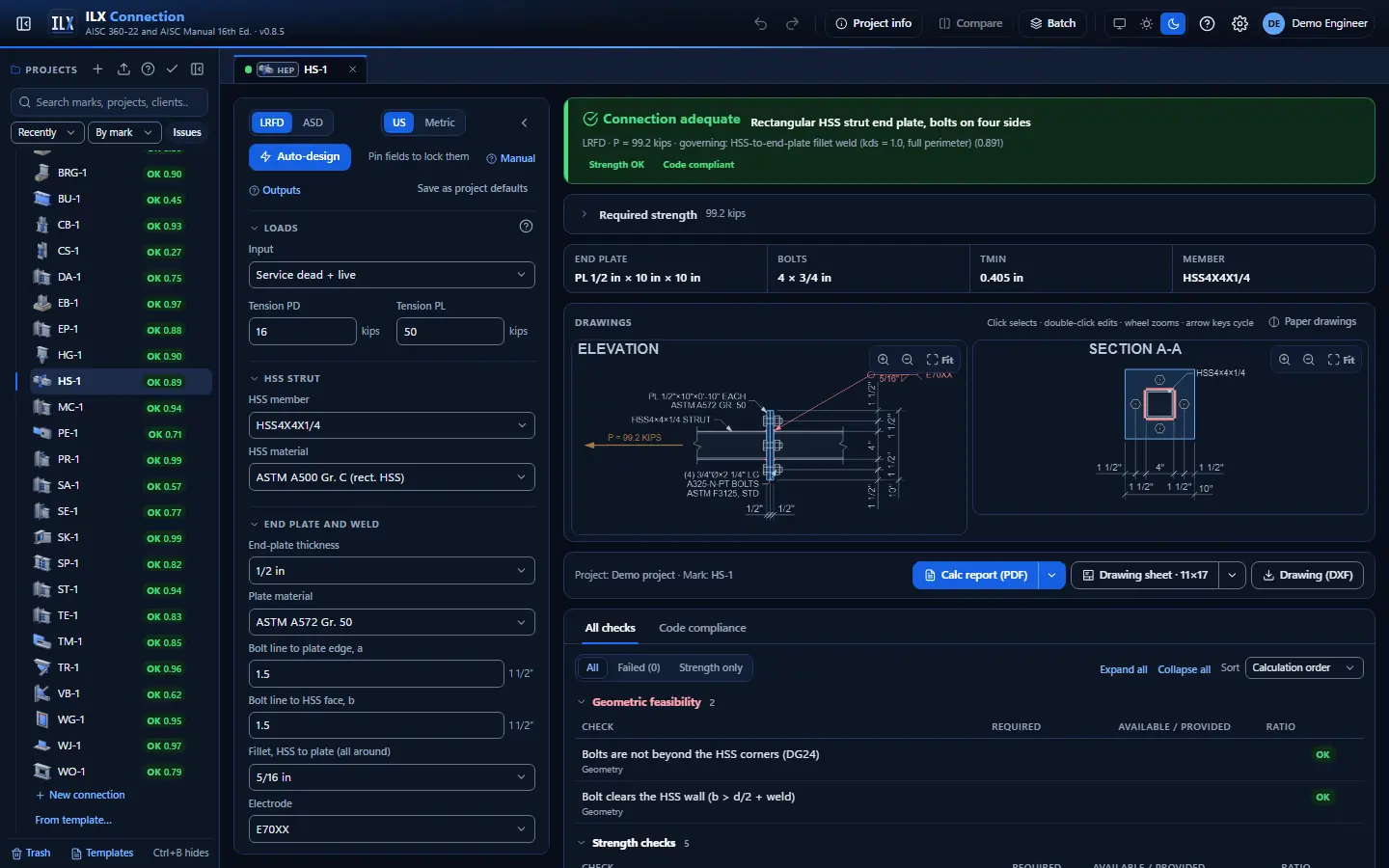 ILX Connection editor for a hss strut end plate connection (HS-1): inputs, design status, live checks and the connection drawing, dark theme
