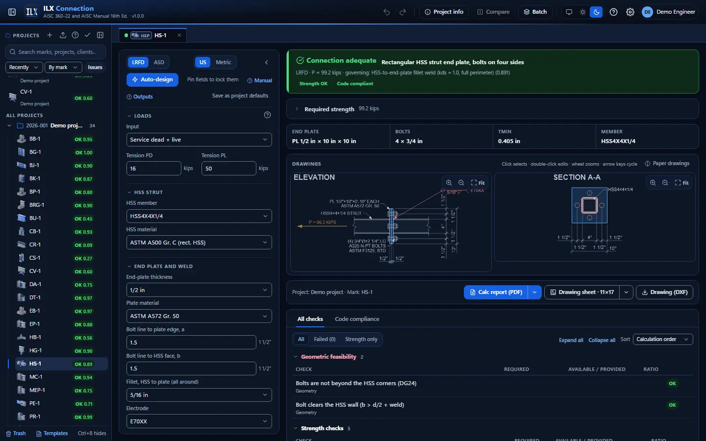 ILX Connection editor for a hss strut end plate connection (HS-1): inputs, design status, live checks and the connection drawing, dark theme