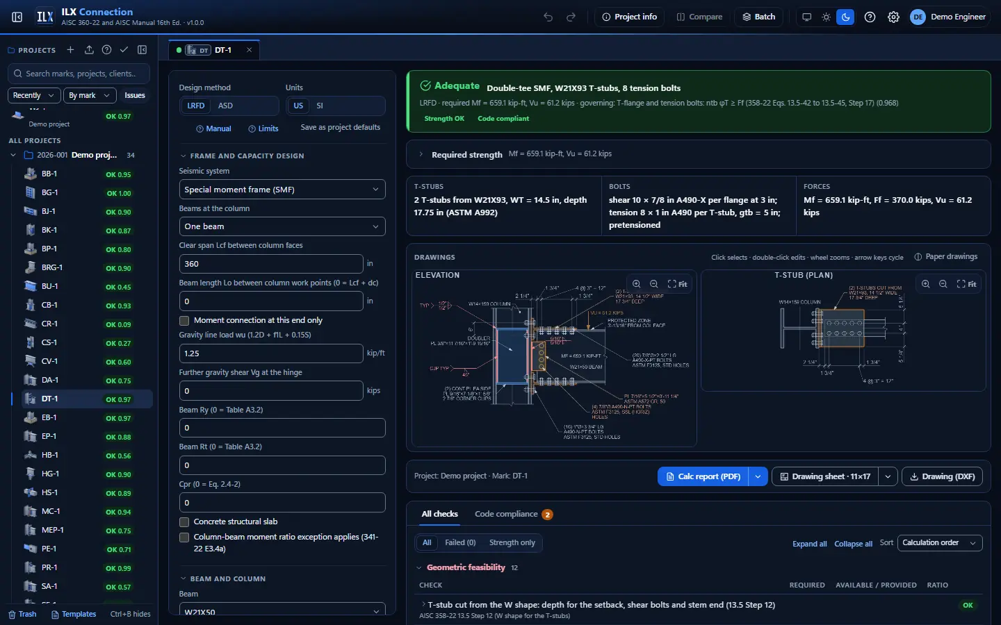 ILX Connection editor for a double-tee moment connection connection (DT-1): inputs, design status, live checks and the connection drawing, dark theme