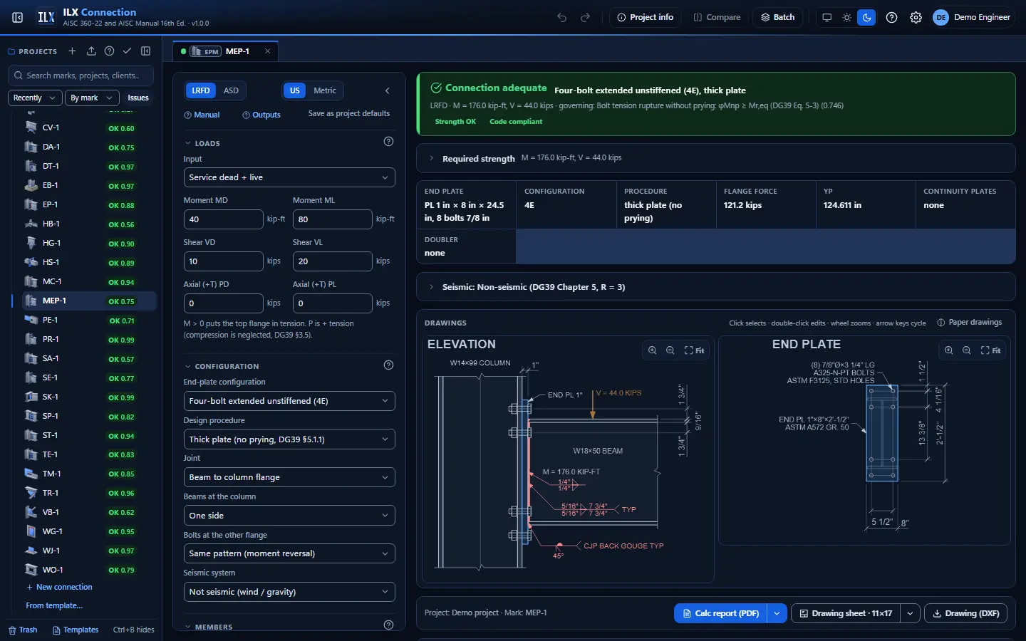 ILX Connection editor for a end-plate moment connection connection (MEP-1): inputs, design status, live checks and the connection drawing, dark theme