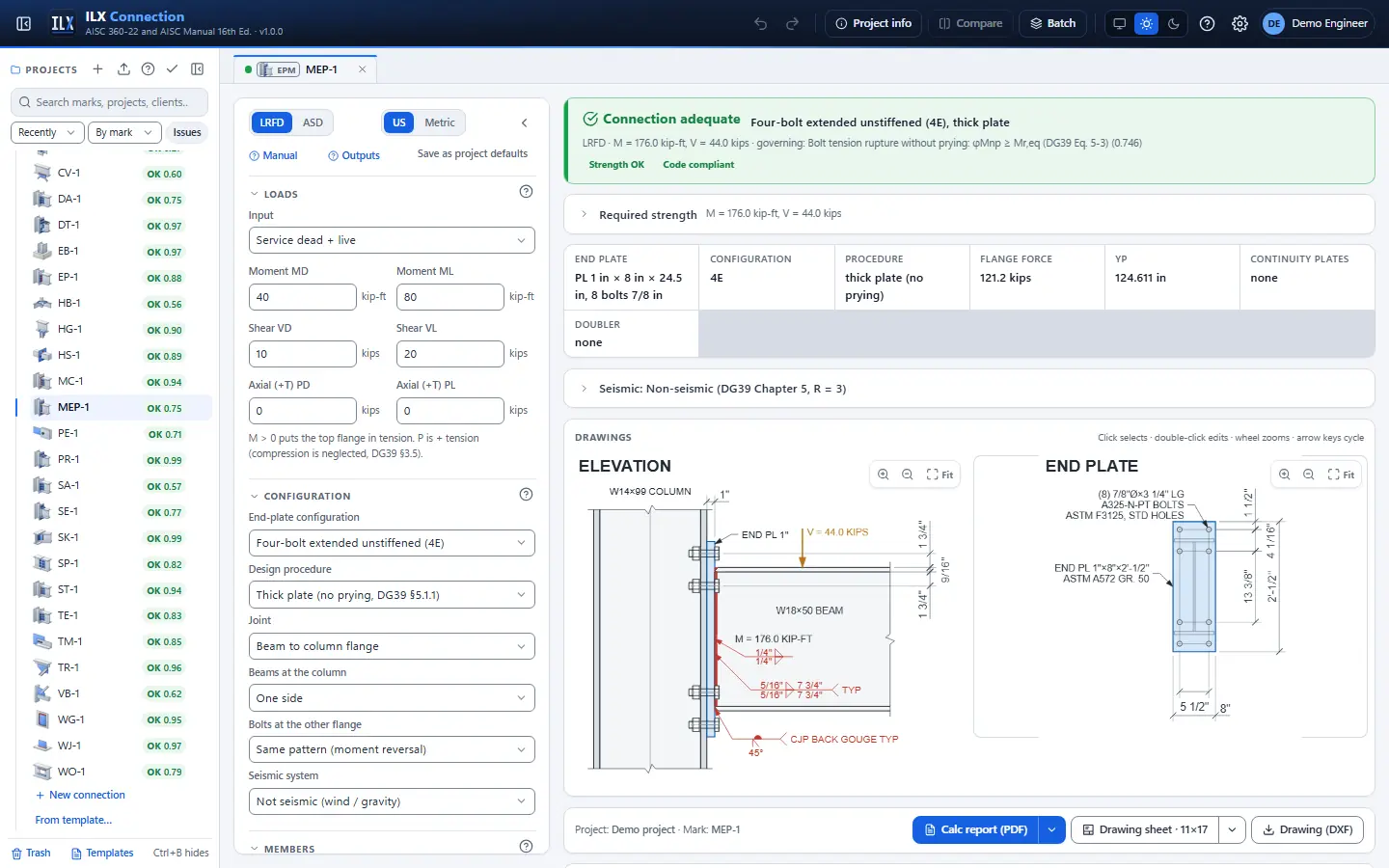 ILX Connection editor for a end-plate moment connection connection (MEP-1): inputs, design status, live checks and the connection drawing