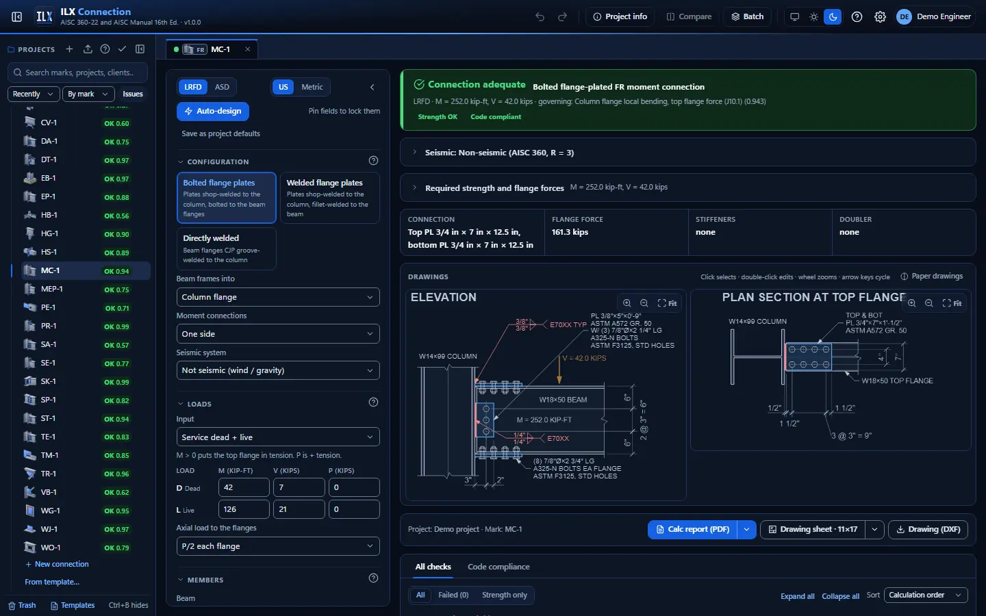 ILX Connection editor for a fr moment connection connection (MC-1): inputs, design status, live checks and the connection drawing, dark theme