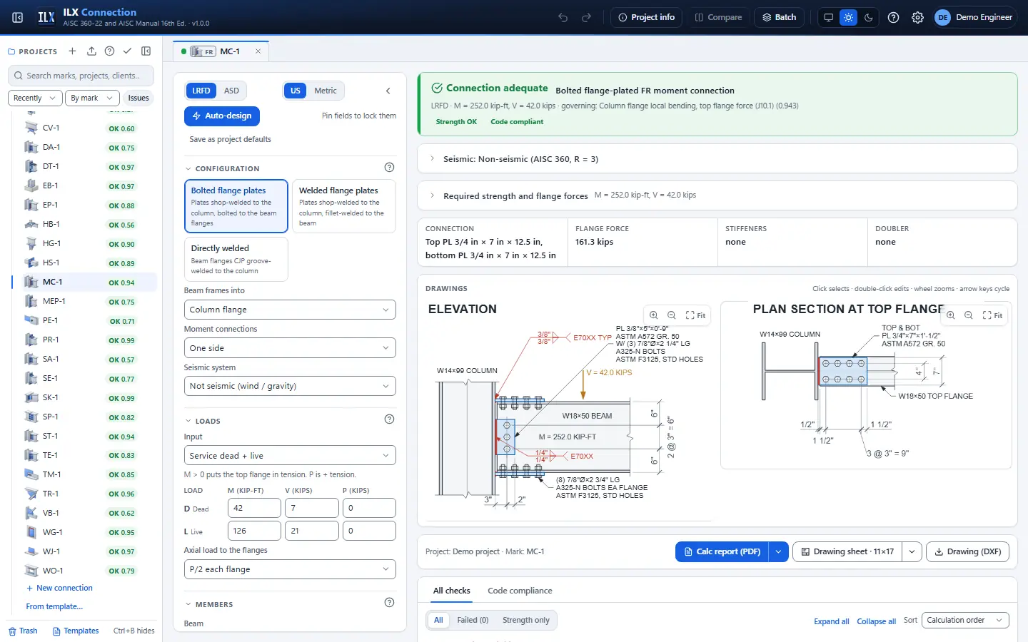 ILX Connection editor for a fr moment connection connection (MC-1): inputs, design status, live checks and the connection drawing