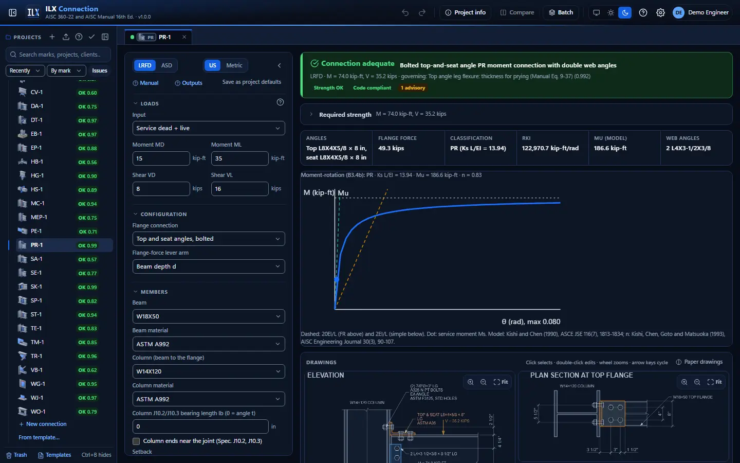 ILX Connection editor for a pr moment connection connection (PR-1): inputs, design status, live checks and the connection drawing, dark theme