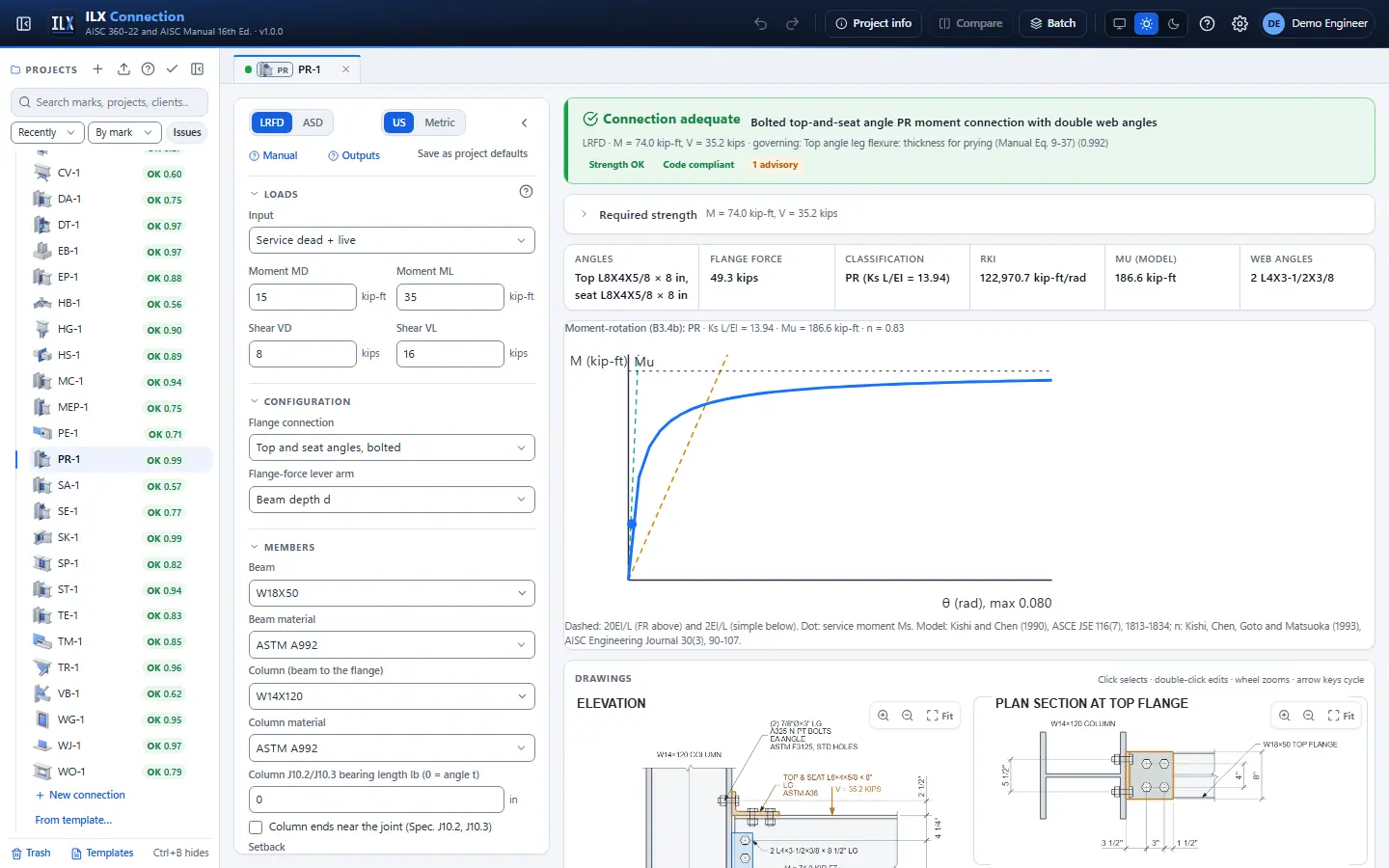 ILX Connection editor for a pr moment connection connection (PR-1): inputs, design status, live checks and the connection drawing