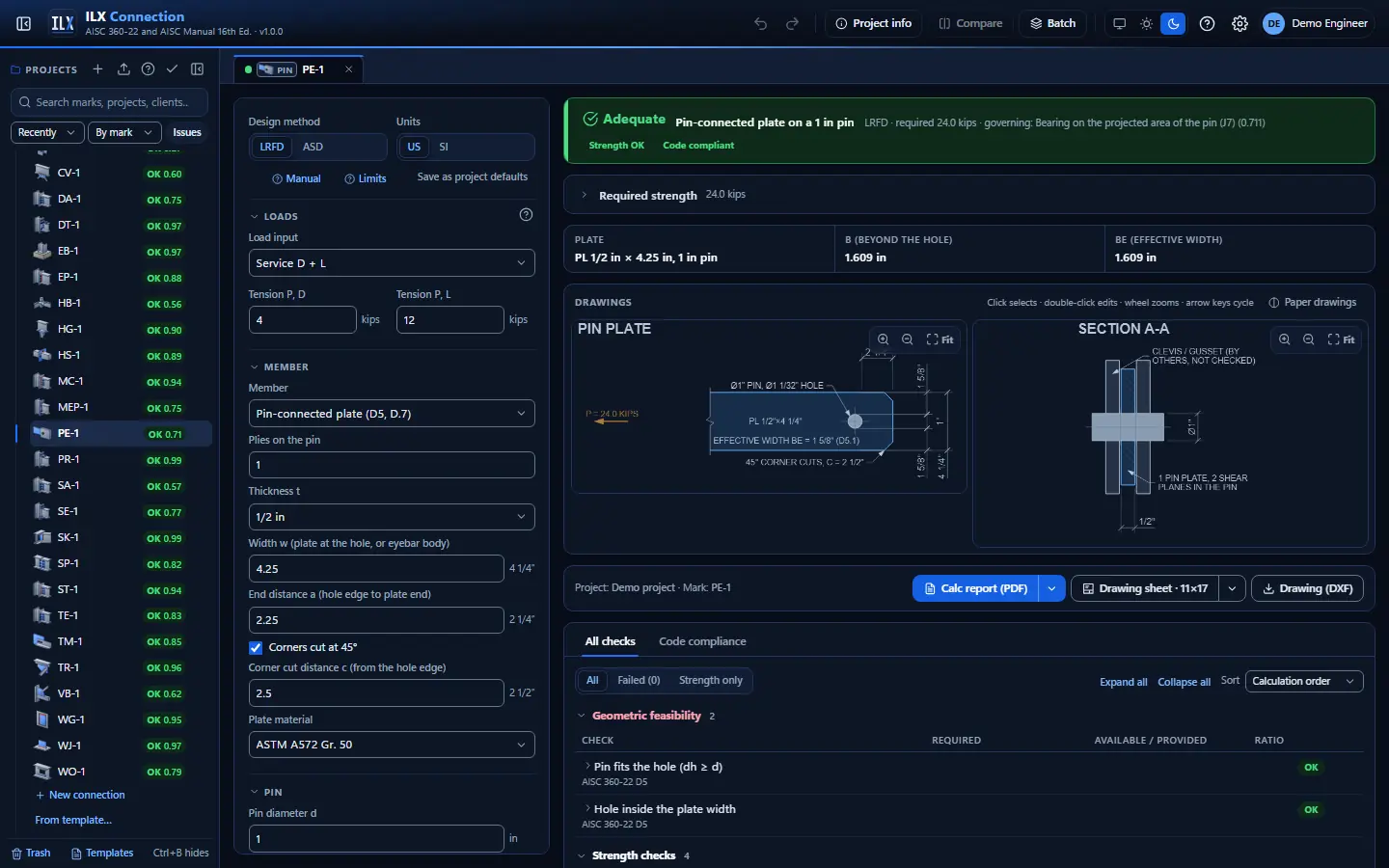 ILX Connection editor for a pin-connected member / eyebar connection (PE-1): inputs, design status, live checks and the connection drawing, dark theme